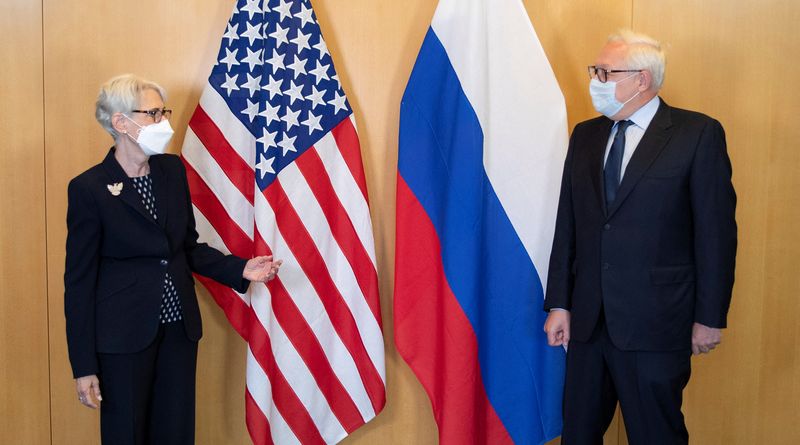 U.S. Deputy Secretary of State Sherman and Russian Deputy Foreign Minister Ryabkov before a meeting in Geneva