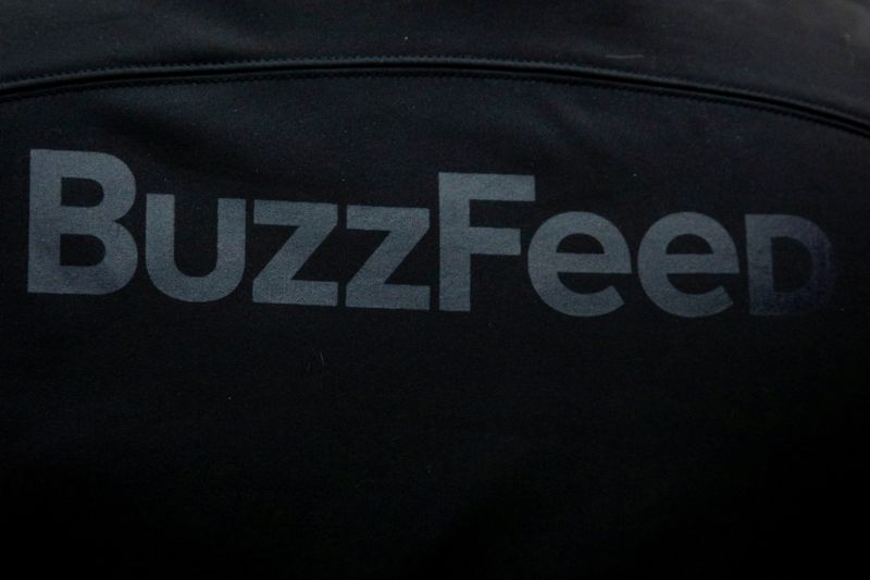A BuzzFeed sign is seen during the company's debut outside the Nasdaq Market in Times Square in New York City