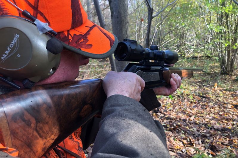 A hunter gets ready to aim and fire during a hunting party at Ferrieres forest in Pontcarre