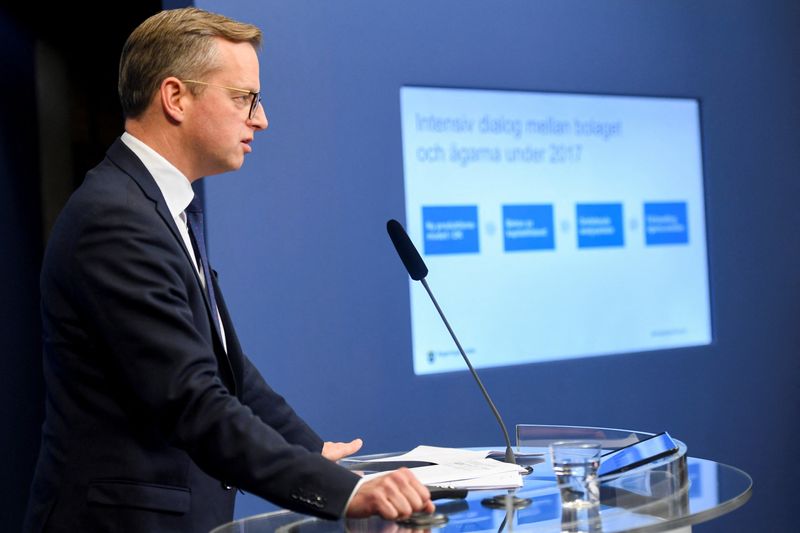 FILE PHOTO: Sweden's Minister for Enterprise and Innovation Mikael Damberg speaks during a news conference in Stockholm
