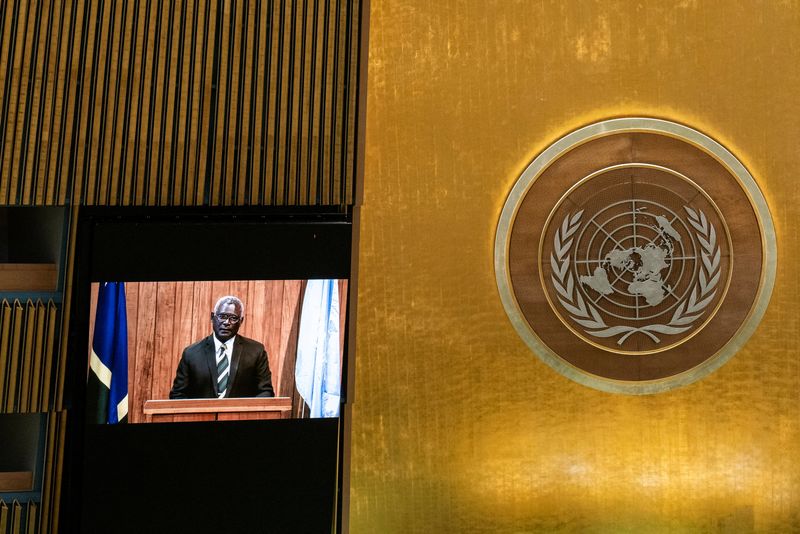 Solomon Islands' Prime Minister Manasseh Sogavare remotely addresses the 76th Session of the U.N. General Assembly by pre-recorded video in New York City
