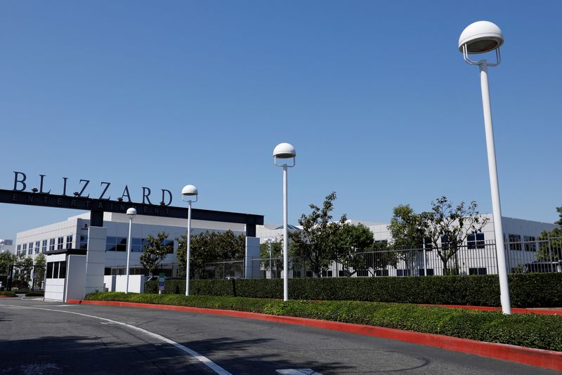 The entrance to the Activision Blizzard Inc. campus is shown in Irvine, California