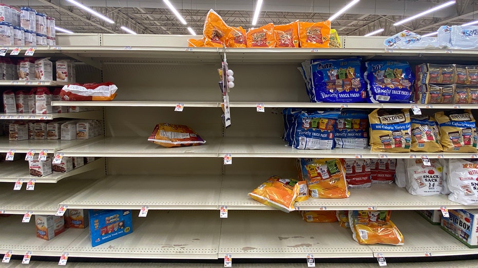Empty shelves at Giant Food & Drugstore in Gettysburg, Pennsylvania on October 27, 2021.