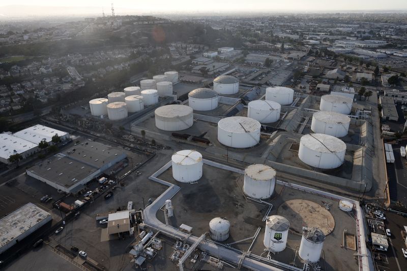 FILE PHOTO: Oil storage containers are seen, amid the coronavirus disease (COVID-19) pandemic, in Los Angeles