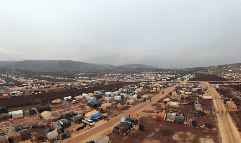 FILE PHOTO: Aerial view of Kafr Arouk camp for internally displaced after a heavy rainfall in Idlib
