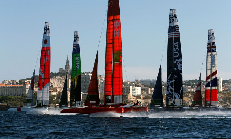 FILE PHOTO: SailGP Teams compete during the start of the day one of the SailGP event in Marseille