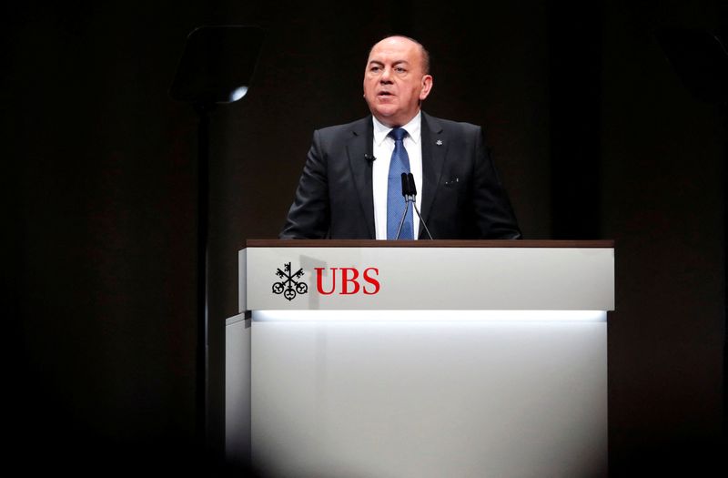 Chairman Weber of Swiss bank UBS addresses the annual shareholder meeting in Basel