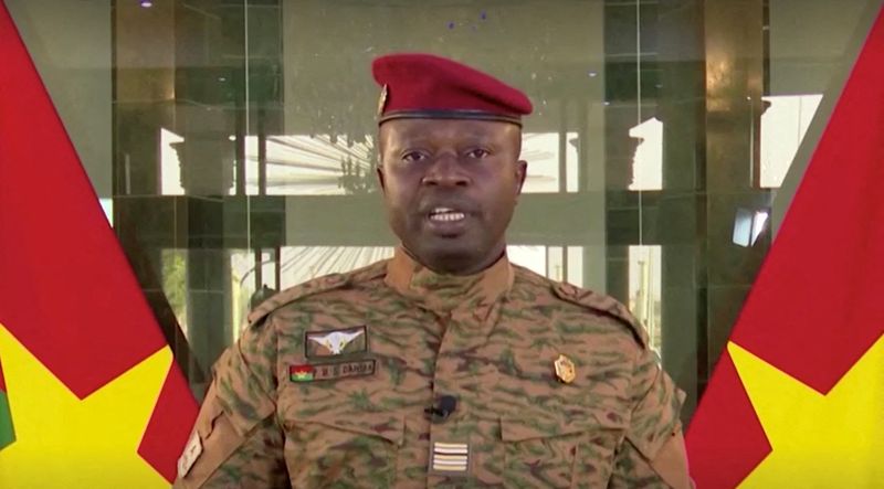 FILE PHOTO: New Military Leader Of Burkina Faso, Lieutenant Colonel Paul-Henri Damiba, delivers a speech in Ouagadougou