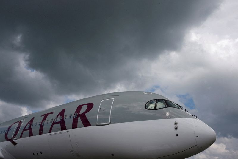 FILE PHOTO: A Qatar Airways Airbus A350 XWB aircraft is displayed at the Singapore Airshow at Changi Exhibition Center