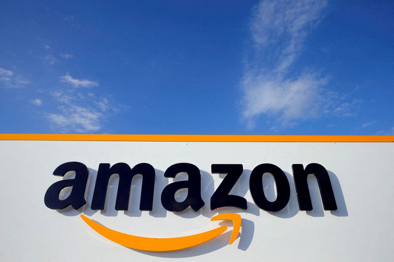 FILE PHOTO: The logo of Amazon is seen at the company logistics center in Boves