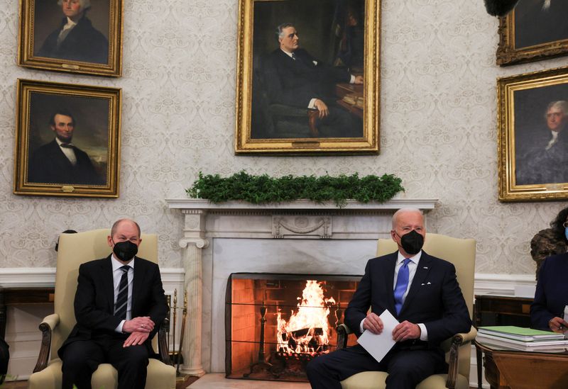 U.S. President Joe Biden welcomes Germany’s Chancellor Olaf Scholz at the White House in Washington