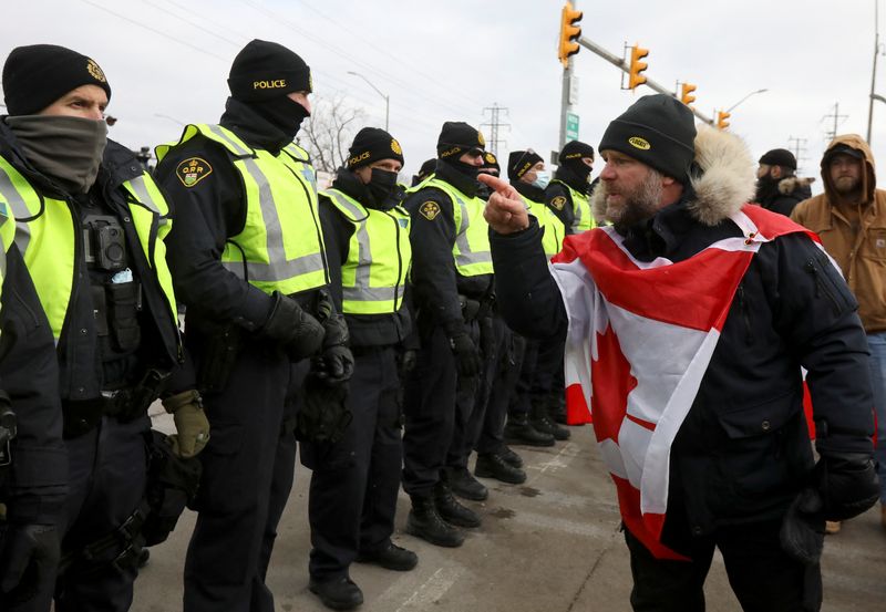 Truckers protest against COVID-19 vaccine mandates, in Windsor