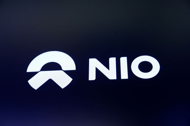 FILE PHOTO: Chinese electric vehicle start-up Nio Inc. company logo is on display on its initial public offering (IPO) day at the NYSE in New York