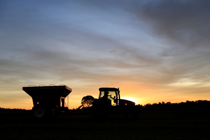 FILE PHOTO - Tractor is silhouetted after harvesting soybeans at a farm in Caaguazu