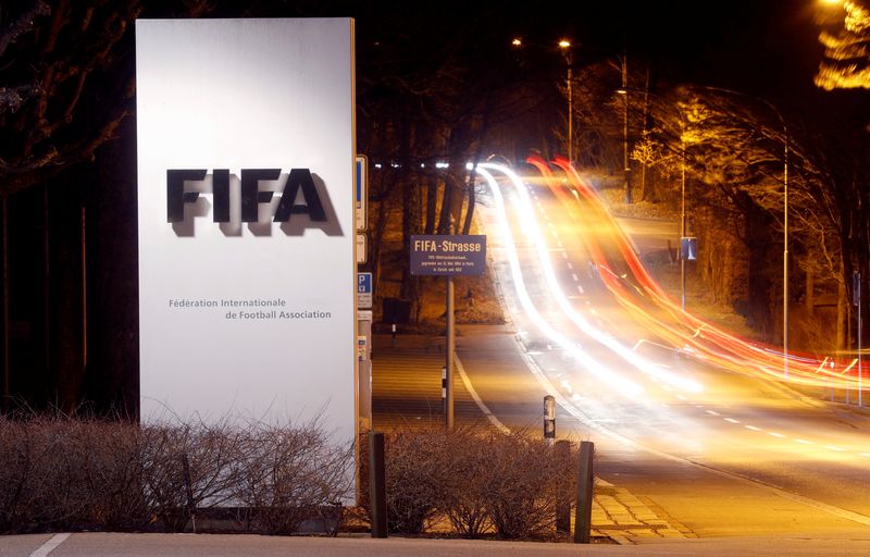 A long exposure shows FIFA's logo near its headquarters in Zurich