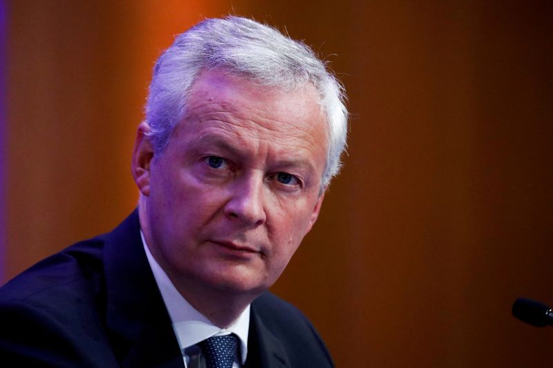 FILE PHOTO: French Finance Minister Bruno Le Maire attends a news conference at his ministry in Paris