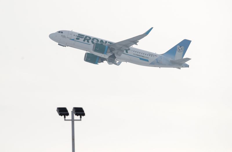 A Frontier Airlines Airbus A320neo plane departs from O'Hare International Airport in Chicago