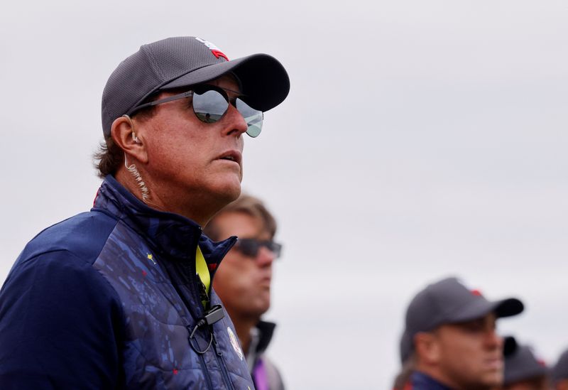 FILE PHOTO: Team USA vice captain Phil Mickelson stands on the 3rd tee during a practice round at the 2020 Ryder Cup