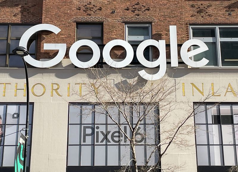 The facade of a Google office is seen in New York City