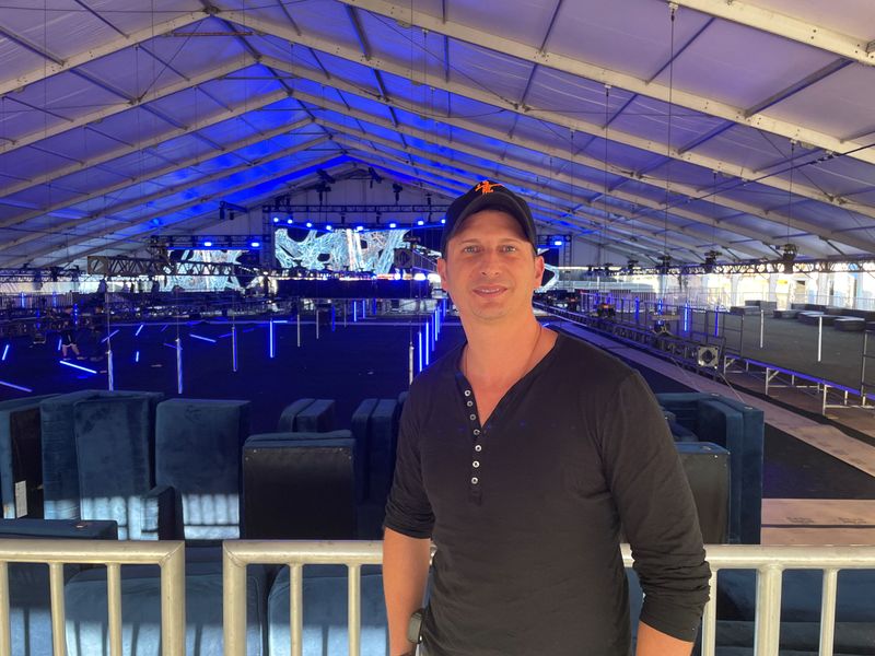 Seth Kaplan, founder of unKommon events, poses at the site of the MaximBet Music at the Market and Maxim Electric Nights Super Bowl parties in downtown Los Angeles