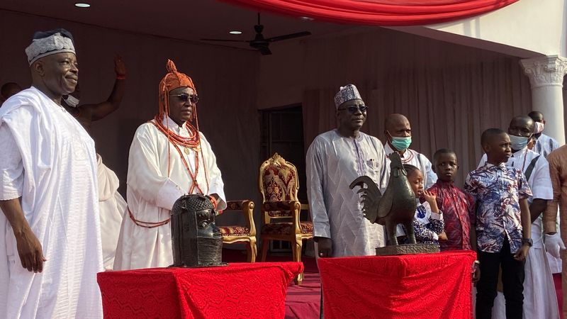 The Oba of Benin Kingdom, Oba Ewuare II receives stolen Benin artifacts returned from England after 125 years in Benin