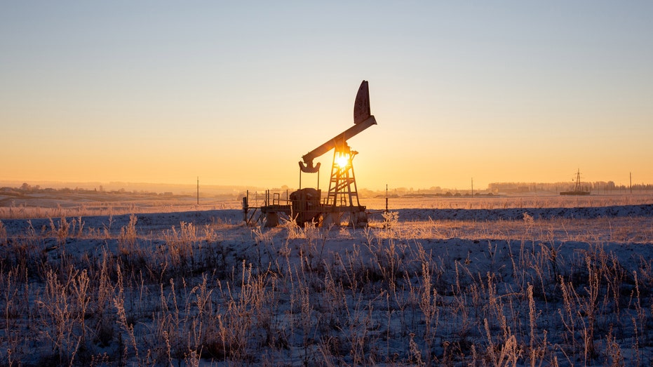 An oil pumping jack, also known as a "nodding donkey," in an oilfield near Dyurtyuli in the Republic of Bashkortostan, Russia.