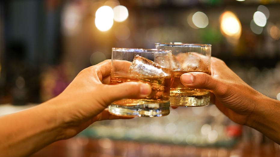 two men clinking glasses of whiskey drink alcohol beverage together at counter in the pub