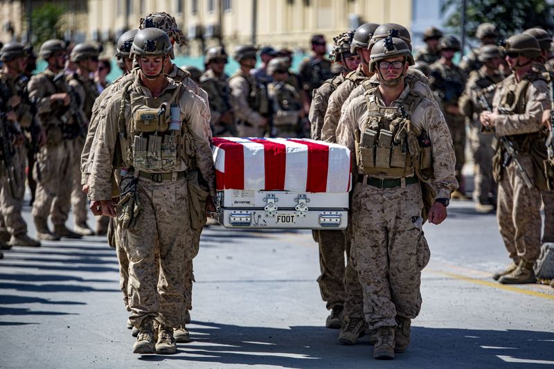 FILE PHOTO: U.S. service members act as pallbearers for the service members killed in action in Kabul