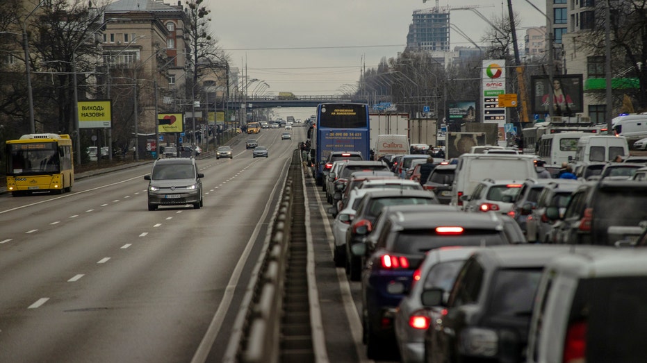 Cars stuck in traffic in Kyiv, Ukraine