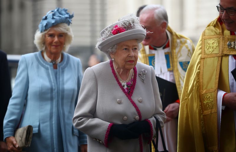 Britain's Queen Elizabeth and Camilla, Duchess of Cornwall, arrive at Westminster Abbey in London