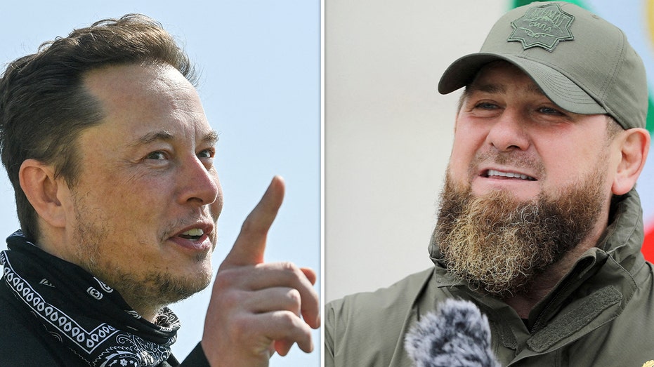 Left: Tesla CEO Elon Musk gestures as he visits the construction site of Tesla's Gigafactory in Gruenheide near Berlin, Germany, August 13, 2021. Right: Head of the Chechen Republic Ramzan Kadyrov addresses service members while making a statement, dedicated to a military conflict in Ukraine, in Grozny, Russia February 25, 2022. 