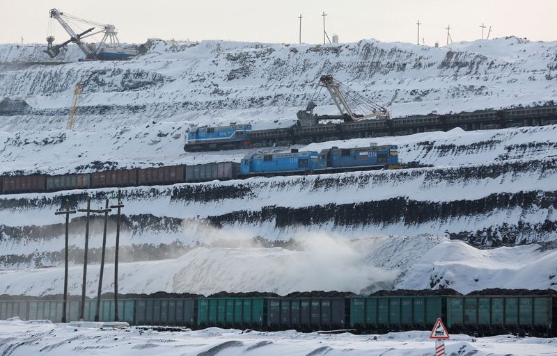 FILE PHOTO: Trains are loaded with coal at Russia's largest Borodinsky opencast colliery, owned by SUEK, near the Siberian town of Borodino