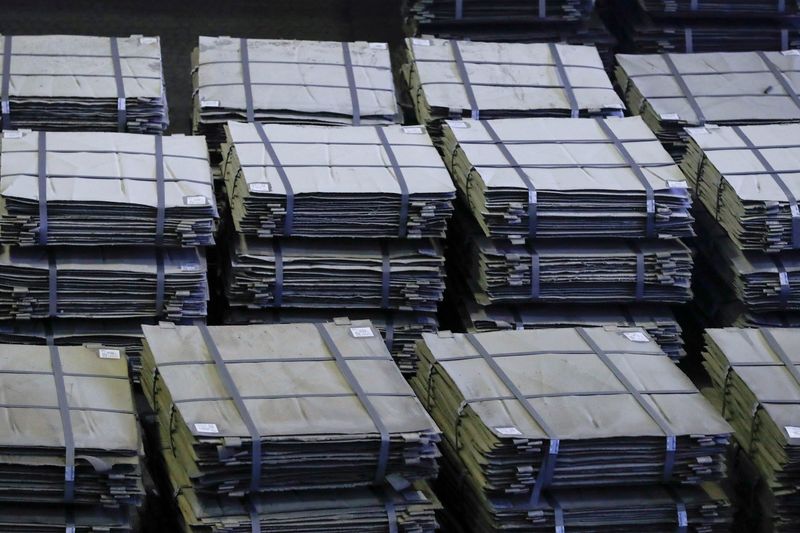 FILE PHOTO: Nickel sheets at Kola Mining and Metallurgical Company in Monchegorsk