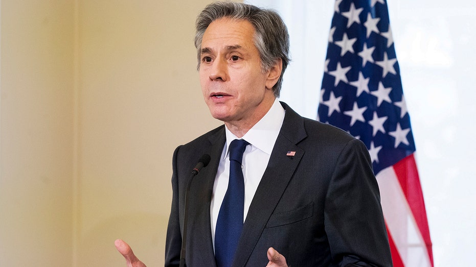 U.S. Secretary of State Antony Blinken speaks during a joint news conference with Estonian Prime Minister Kaja Kallas on the occasion of their meeting, in Tallinn, Estonia, on Tuesday, March 8, 2022. (AP Photo/Raul Mee)