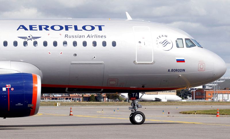 FILE PHOTO: The logo of Russia's flagship airline Aeroflot is seen on an Airbus A320 in Colomiers near Toulouse, France