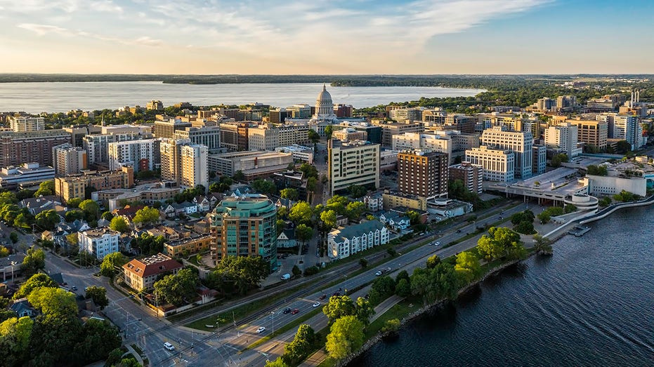 Aerial view of Madison city downtown at sunset, Wisconsin