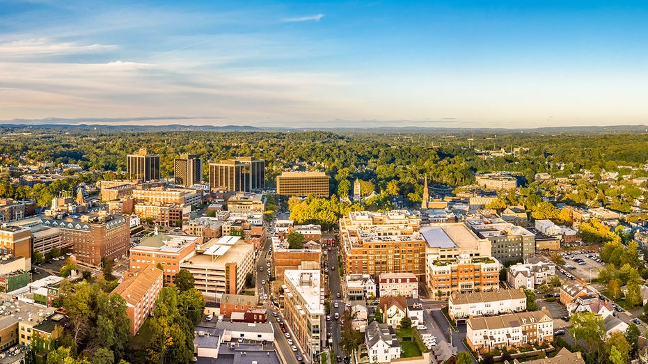 Aerial cityscape of Morristown, New Jersey.