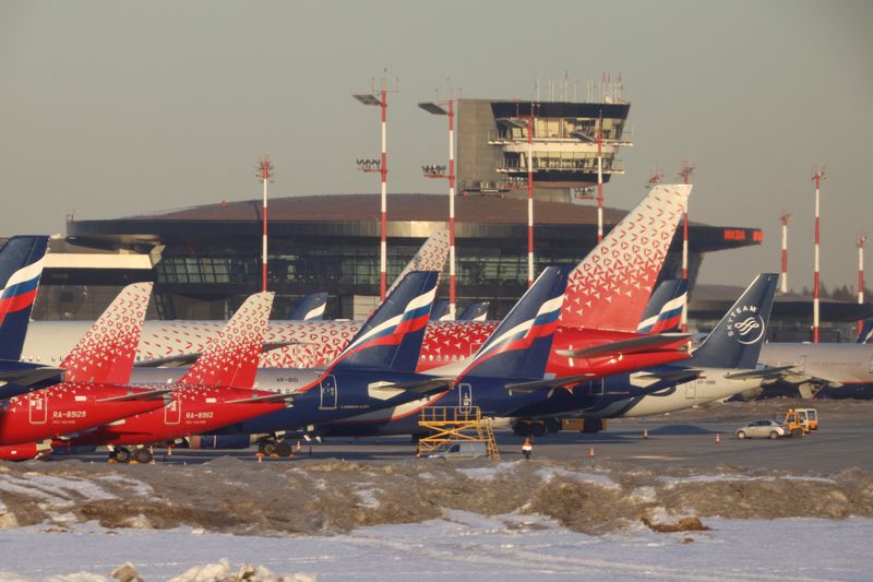 Planes are parked at Sheremetyevo International Airport in Moscow