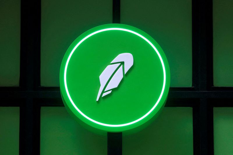 FILE PHOTO: The logo of Robinhood Markets, Inc. is seen at a pop-up event on Wall Street after the company's IPO in New York City