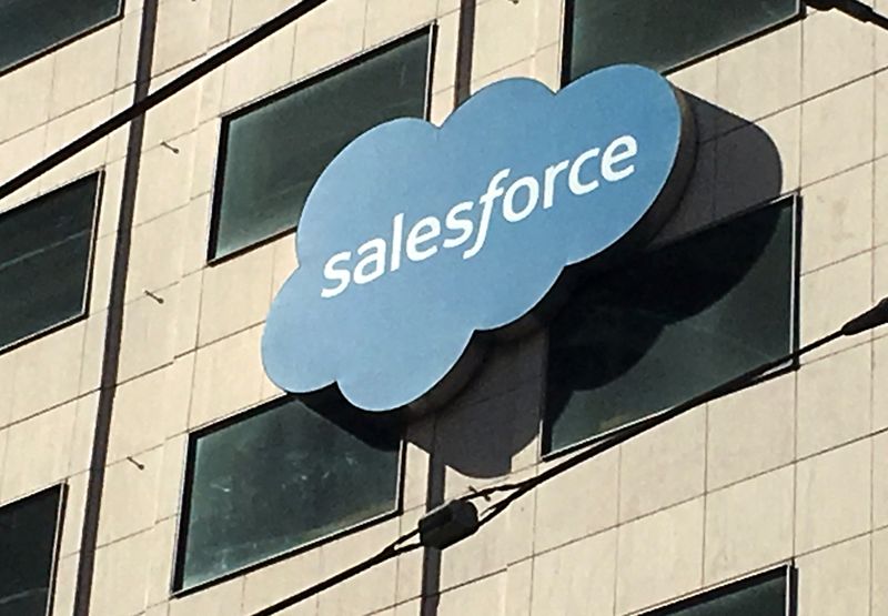 FILE PHOTO: The Salesforce logo is pictured on a building in San Francisco