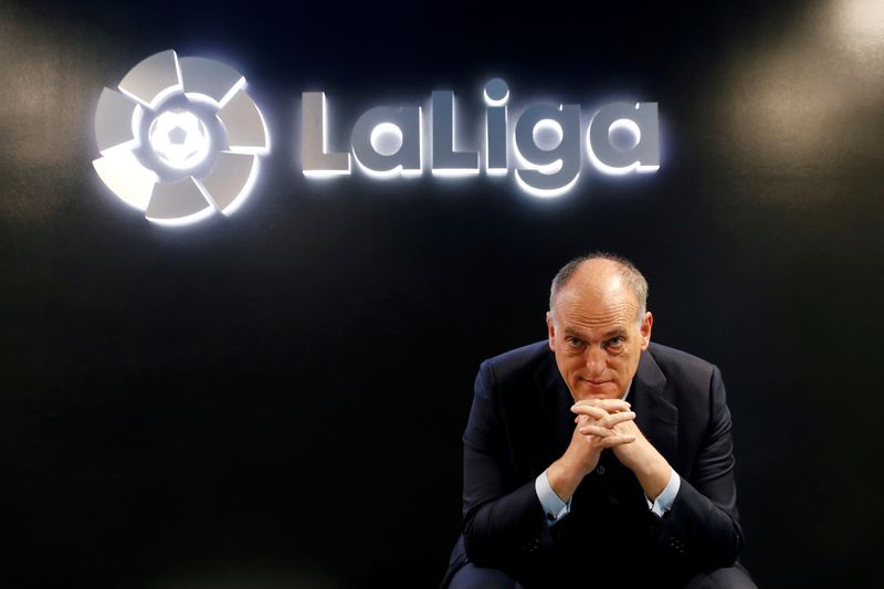 FILE PHOTO: La Liga President Javier Tebas poses before an online interview with Reuters at the La Liga headquarters in Madrid