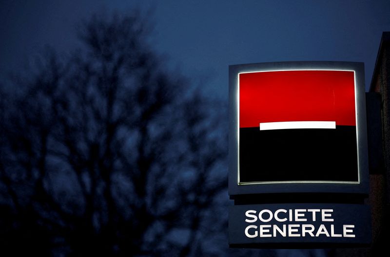 FILE PHOTO: Logo of Societe Generale outside a bank office in Nantes