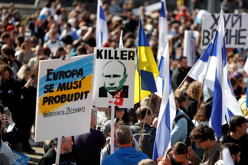 Prague's Russian community protests against war in Ukraine, in Prague