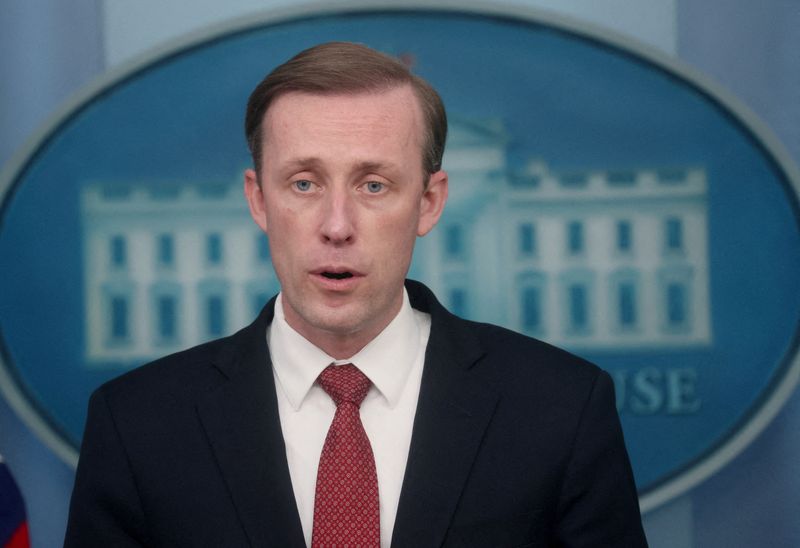 FILE PHOTO: White House National Security Advisor Jake Sullivan speaks to the news media about the situation in Ukraine during a daily press briefing at the White House in Washington