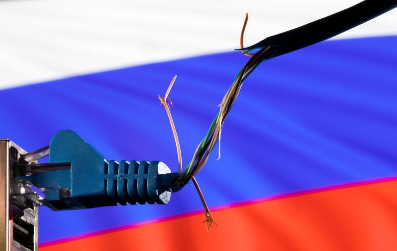 Illustration shows broken Ethernet cable and Russian flag colors