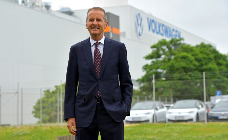 Volkswagen CEO Herbert Diess looks on during his visit to Volkswagen's electric car plant in Zwickau