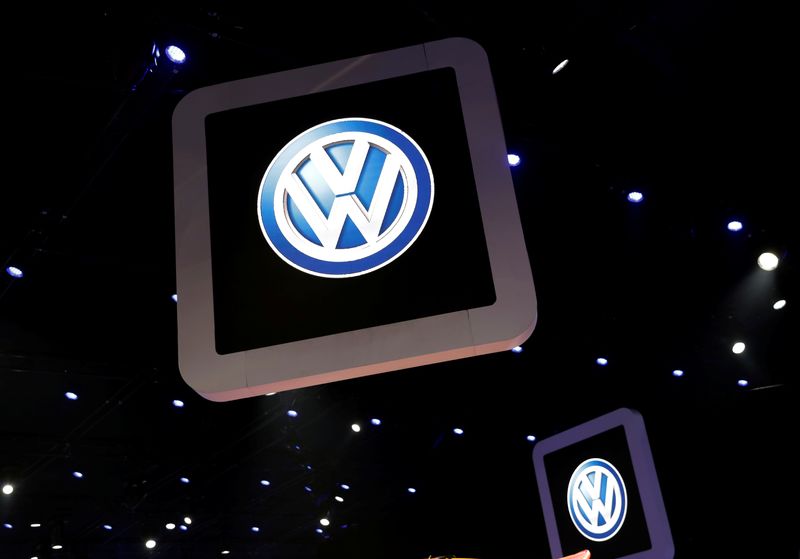 Volkswagen logos are pictured during the media day of the Salao do Automovel International Auto Show in Sao Paulo