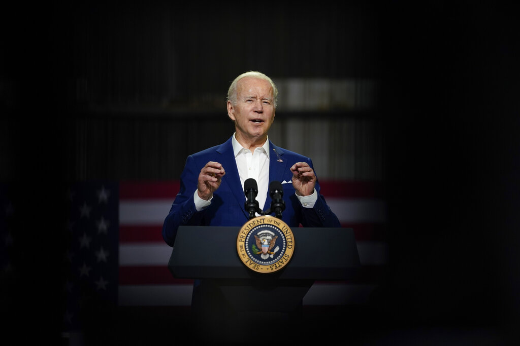 President Joe Biden speaks at POET Bioprocessing in Menlo, Iowa, Tuesday, April 12, 2022. (AP Photo/Carolyn Kaster)