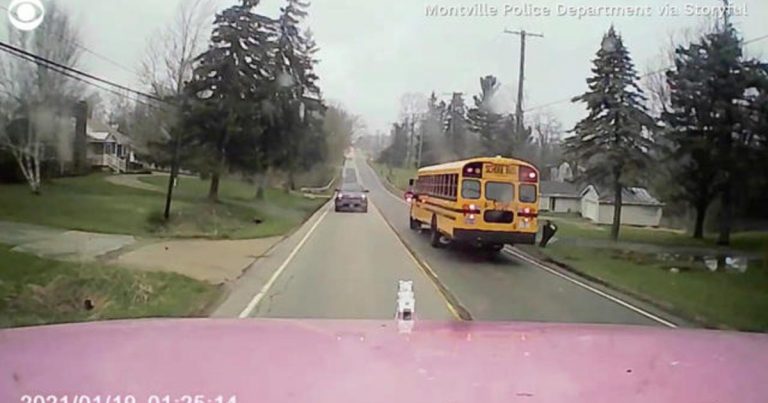Dramatic footage shows truck narrowly miss school bus as brakes fail