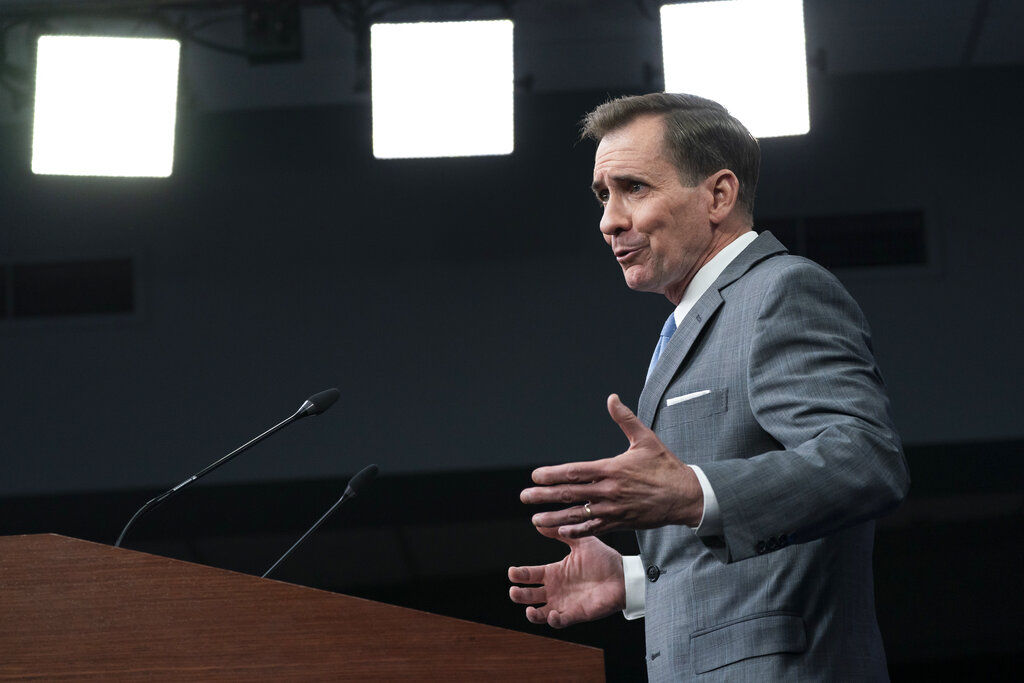Pentagon spokesman John Kirby speaks during a media briefing at the Pentagon, Monday, April 18, 2022, in Washington. (AP Photo/Alex Brandon)